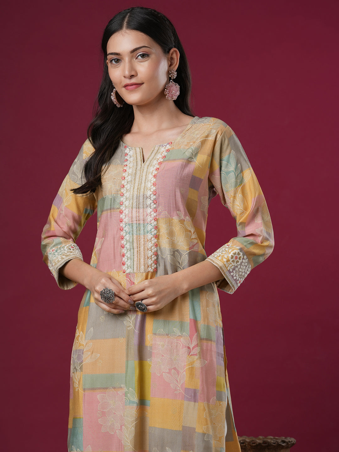 Ethnic Floral Printed & Embroidered Straight Fit Kurta - Multi