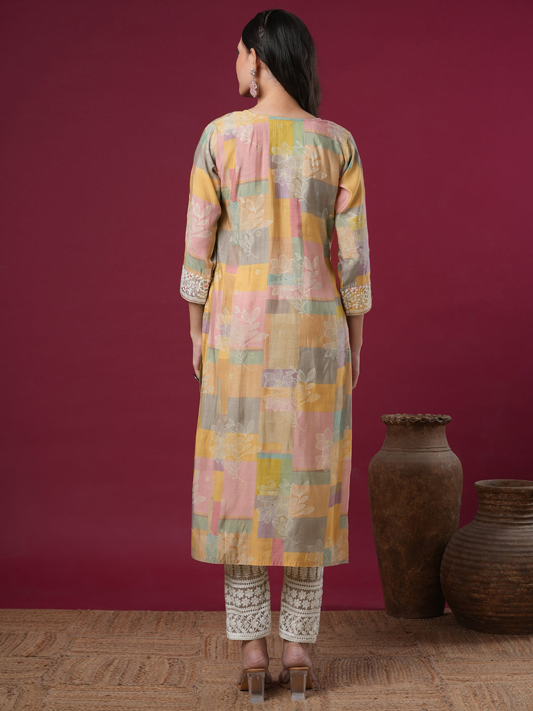 Ethnic Floral Printed & Embroidered Straight Fit Kurta - Multi