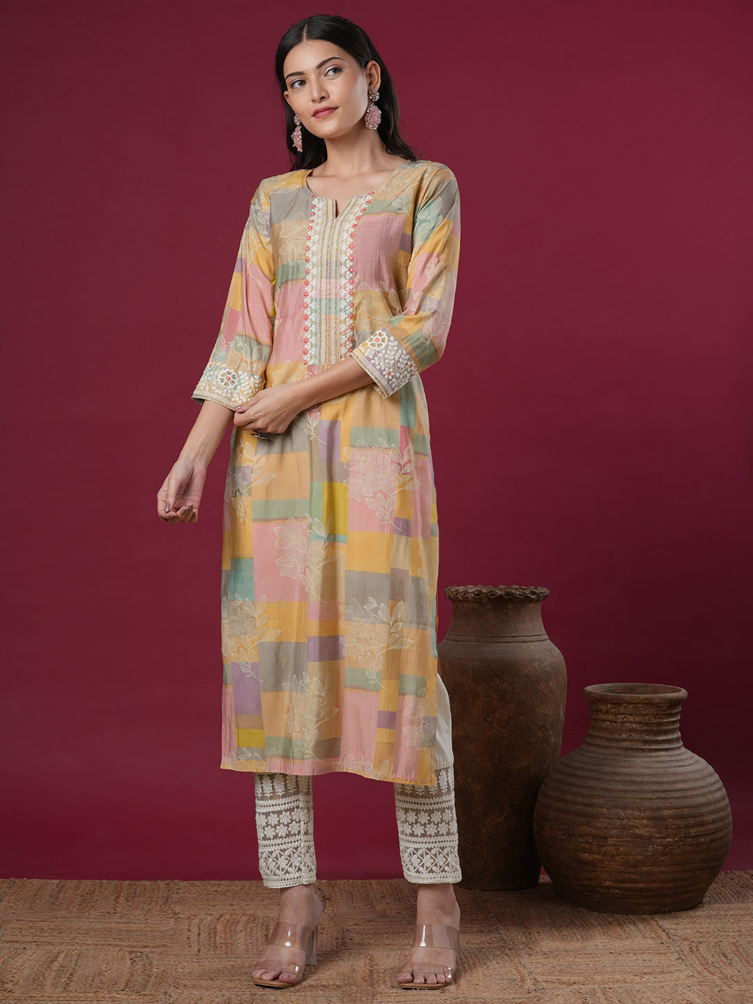 Ethnic Floral Printed & Embroidered Straight Fit Kurta - Multi