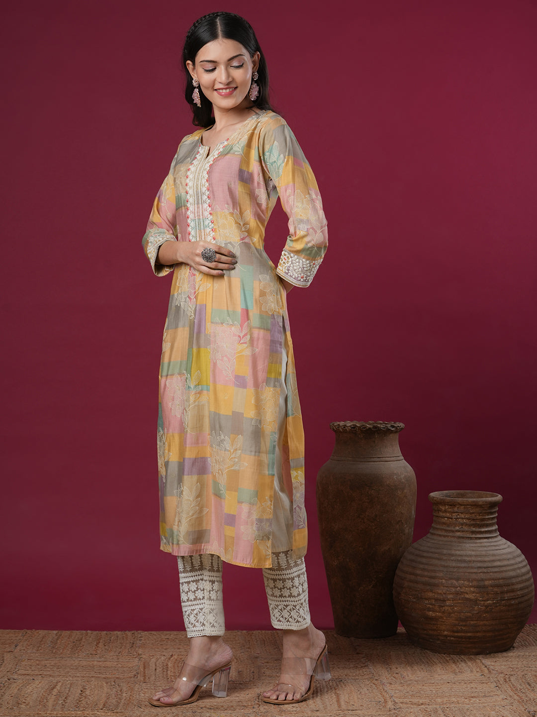 Ethnic Floral Printed & Embroidered Straight Fit Kurta - Multi