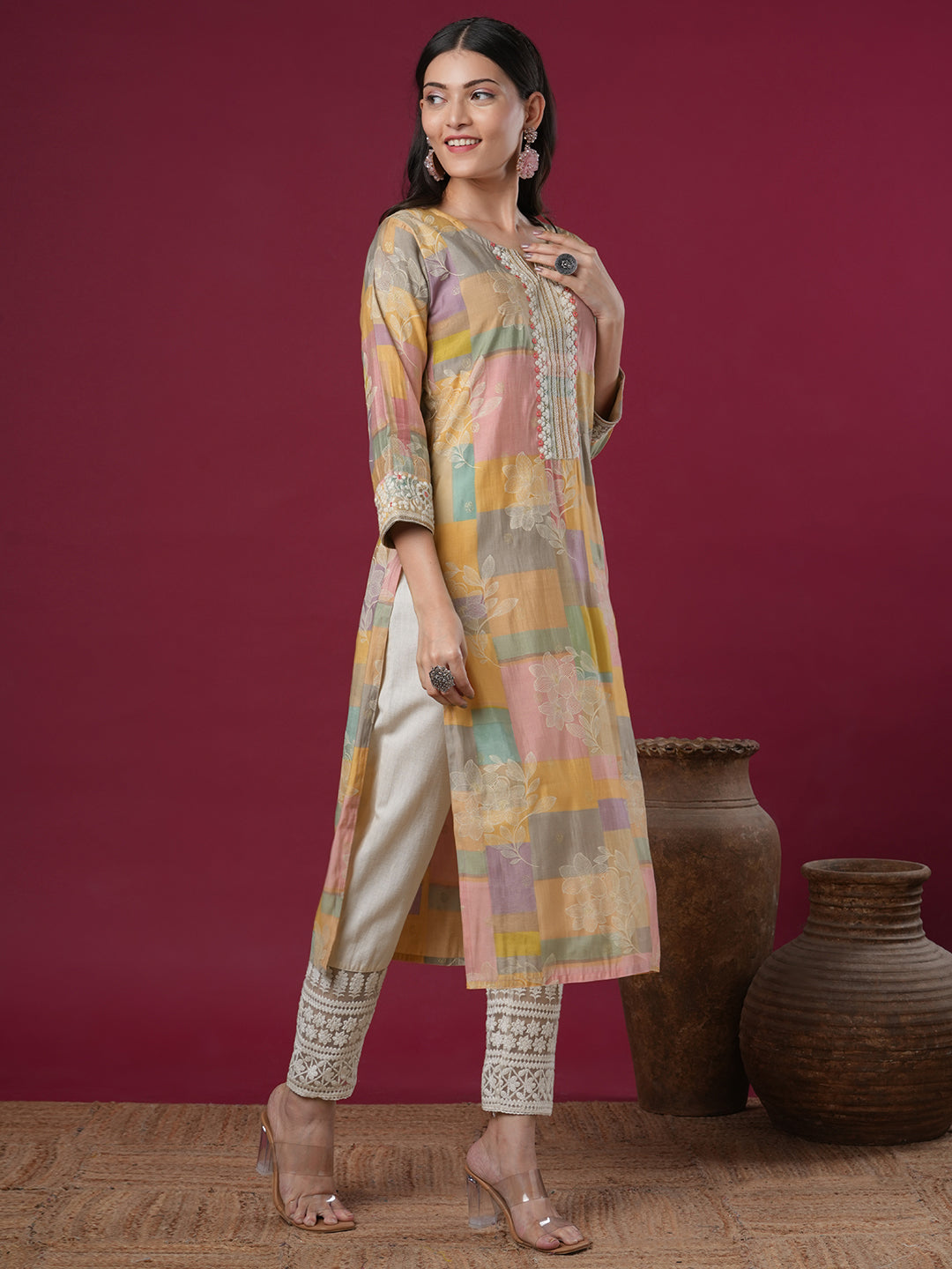 Ethnic Floral Printed & Embroidered Straight Fit Kurta - Multi