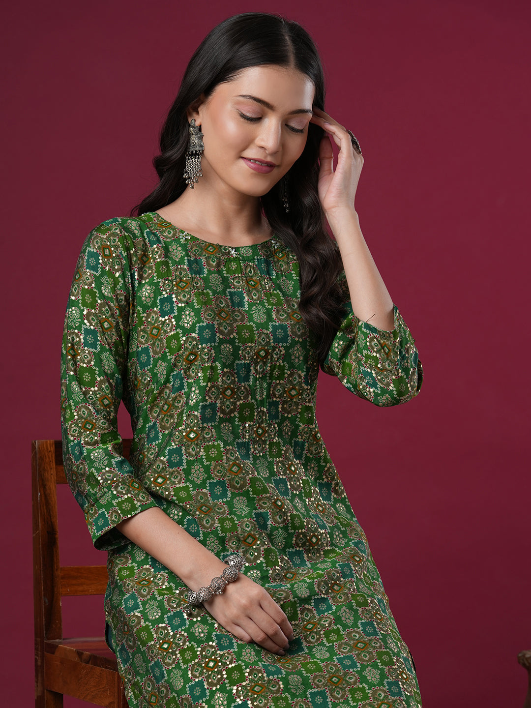 Floral Foil Printed & Embroidered Straight Fit Kurta - Green