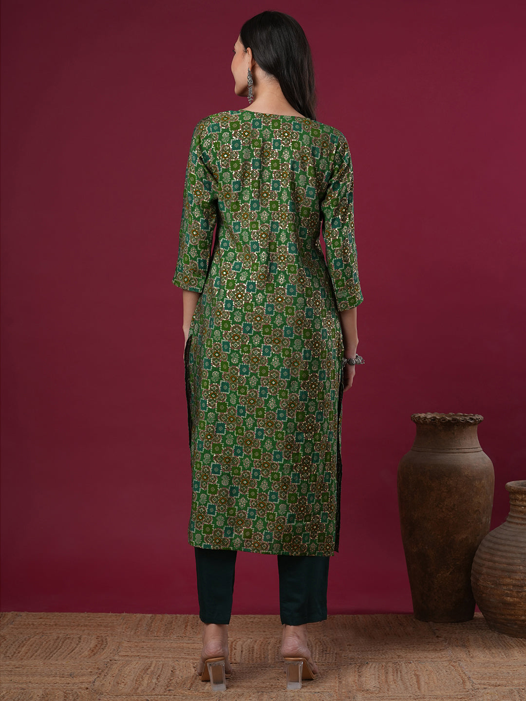 Floral Foil Printed & Embroidered Straight Fit Kurta - Green