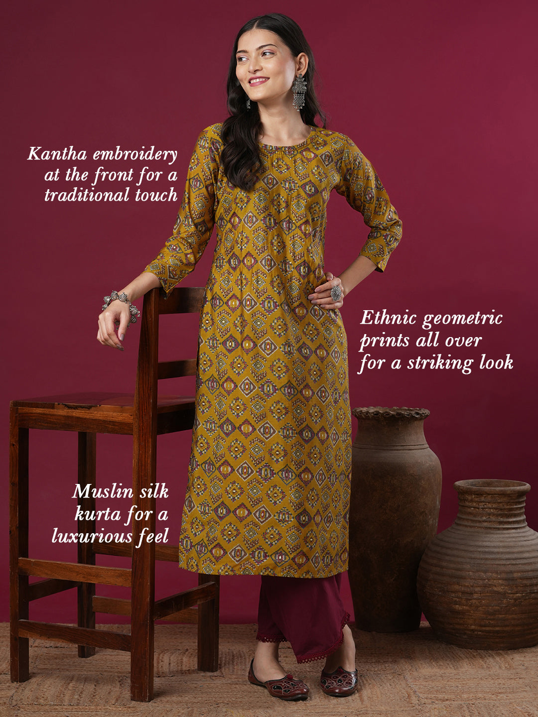 Ethnic Geometric Printed & Embroidered Straight Fit Kurta -Mustard