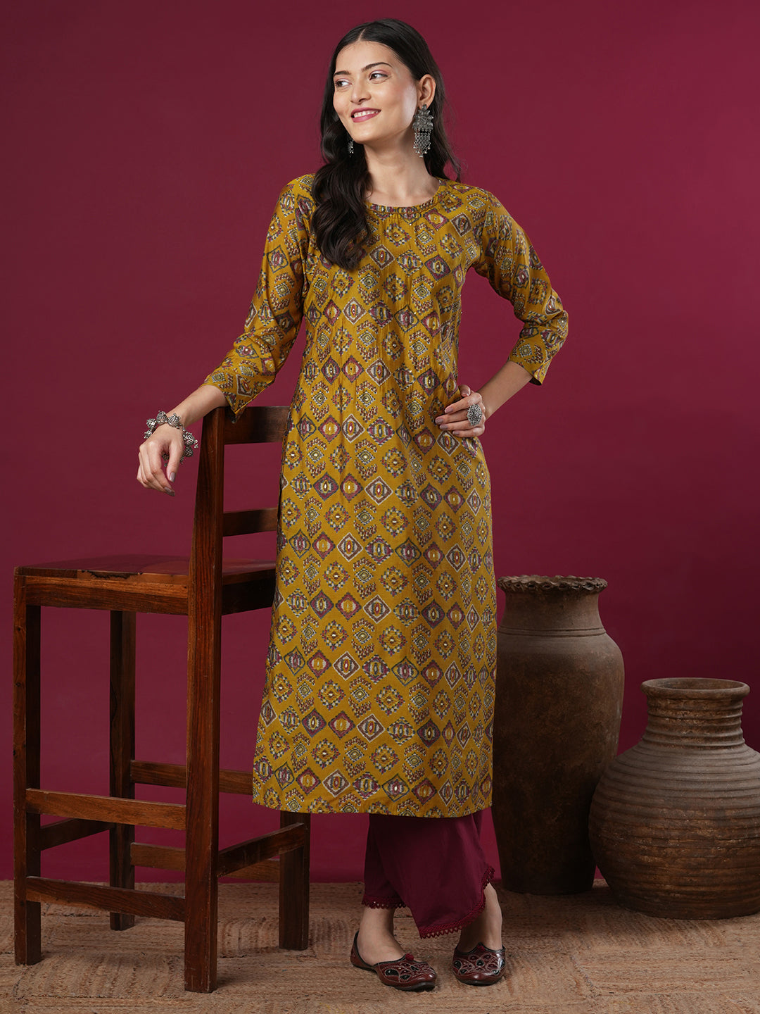 Ethnic Geometric Printed & Embroidered Straight Fit Kurta -Mustard