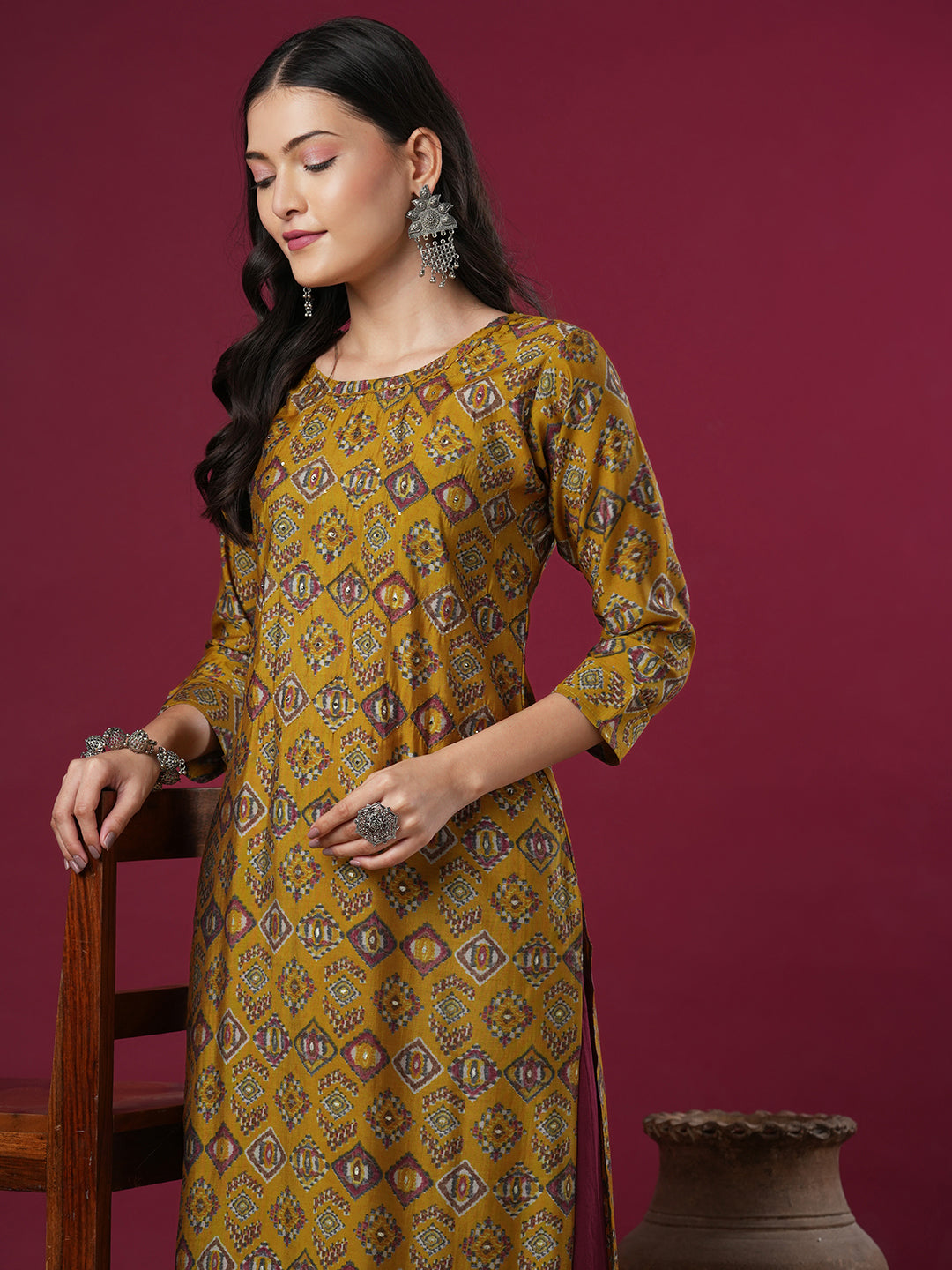 Ethnic Geometric Printed & Embroidered Straight Fit Kurta -Mustard