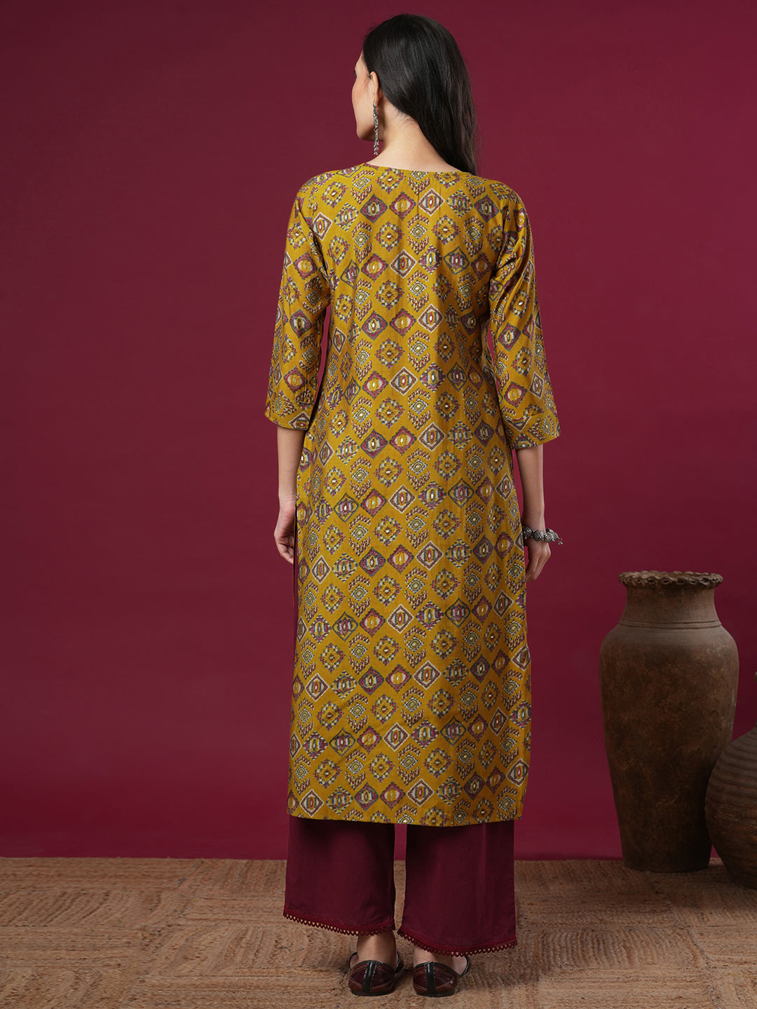 Ethnic Geometric Printed & Embroidered Straight Fit Kurta -Mustard