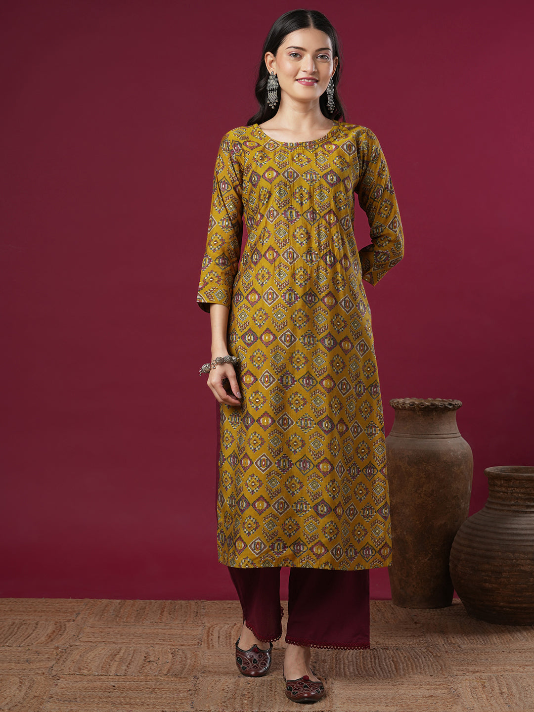 Ethnic Geometric Printed & Embroidered Straight Fit Kurta -Mustard