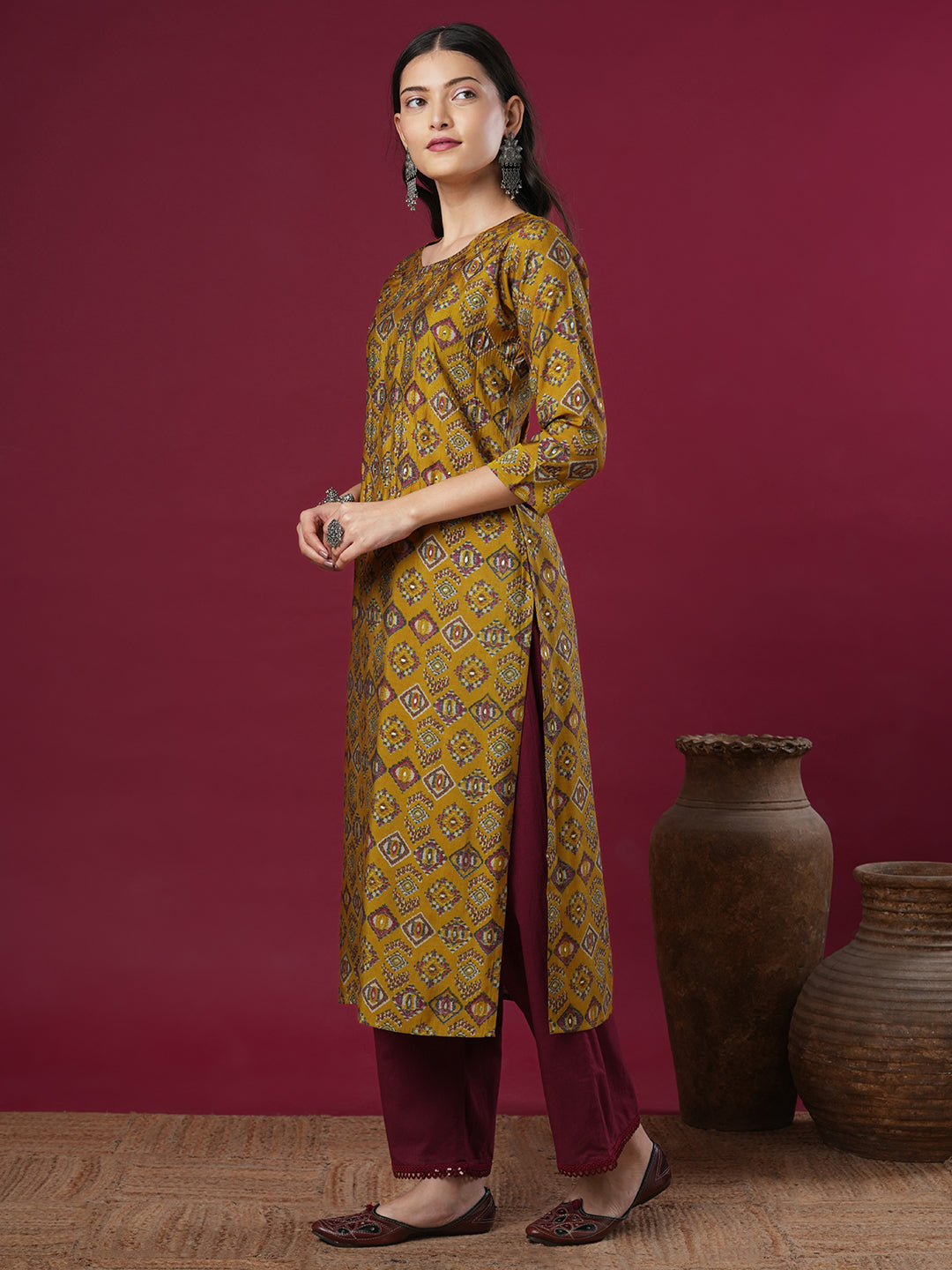 Ethnic Geometric Printed & Embroidered Straight Fit Kurta -Mustard