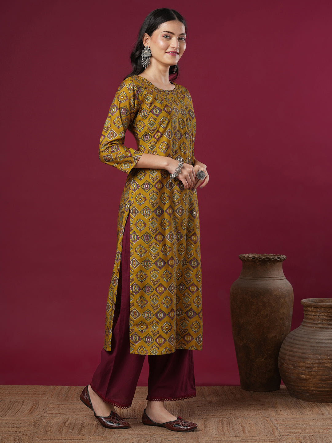 Ethnic Geometric Printed & Embroidered Straight Fit Kurta -Mustard