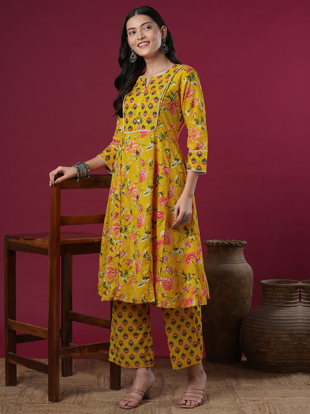 Ethnic Floral Printed & Embroidered A-Line Paneled Kurta with Palazzo - Yellow