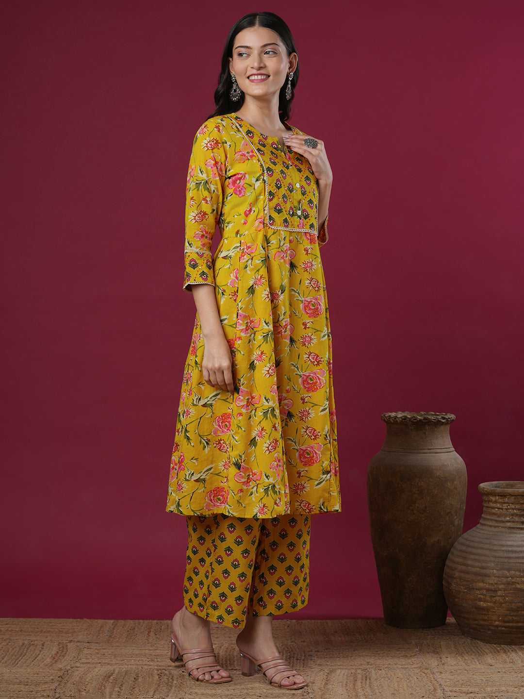 Ethnic Floral Printed & Embroidered A-Line Paneled Kurta with Palazzo - Yellow