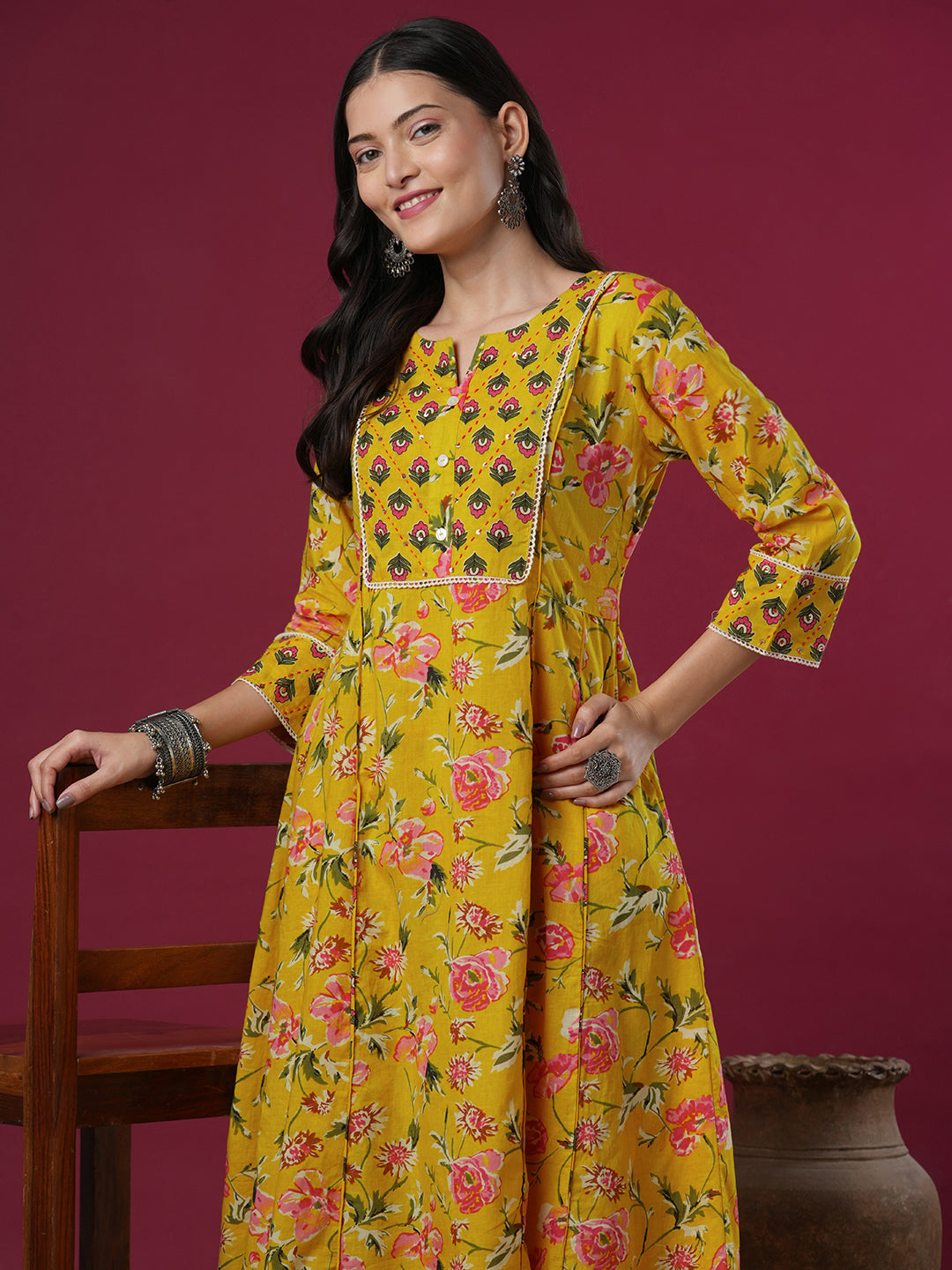 Ethnic Floral Printed & Embroidered A-Line Paneled Kurta with Palazzo - Yellow