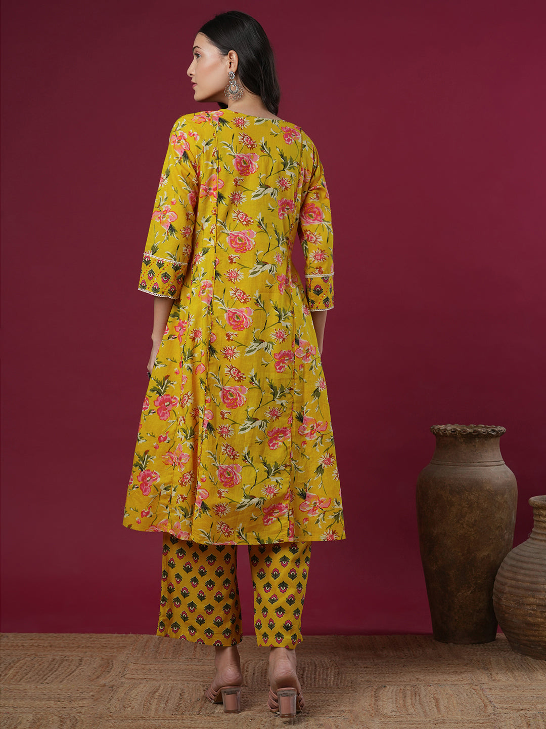 Ethnic Floral Printed & Embroidered A-Line Paneled Kurta with Palazzo - Yellow