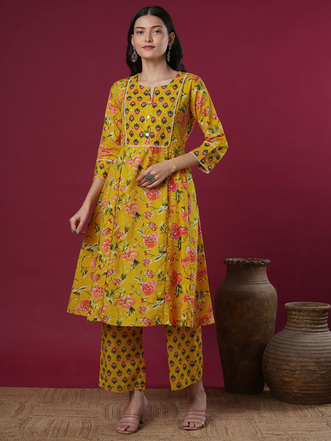 Ethnic Floral Printed & Embroidered A-Line Paneled Kurta with Palazzo - Yellow