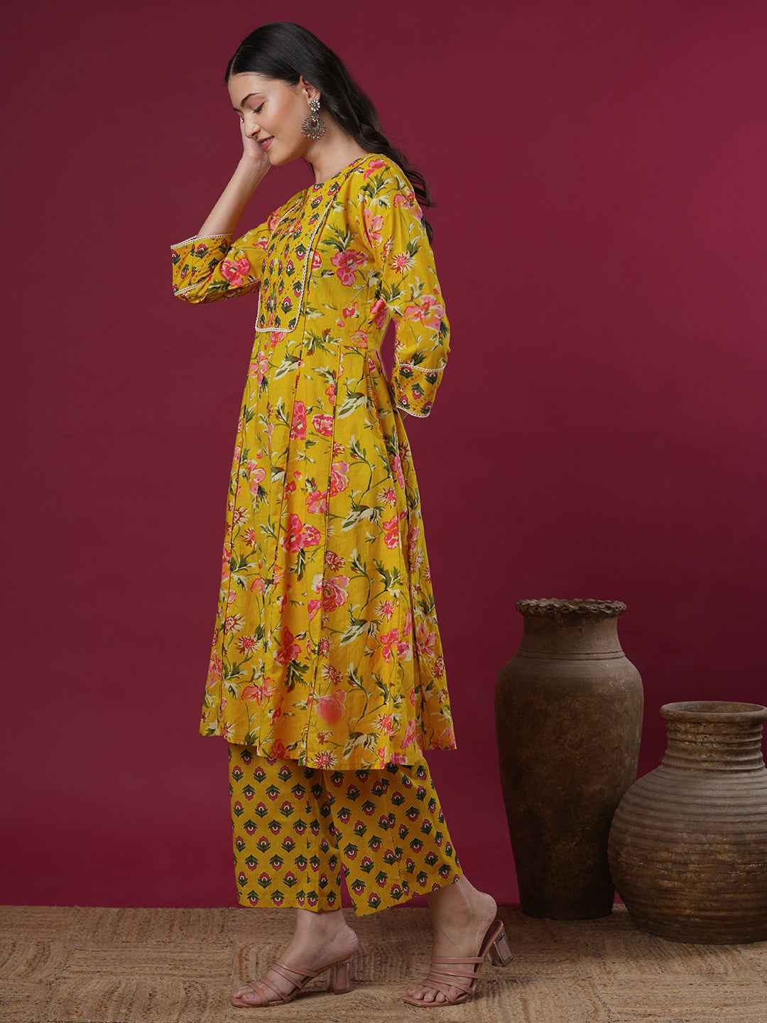 Ethnic Floral Printed & Embroidered A-Line Paneled Kurta with Palazzo - Yellow