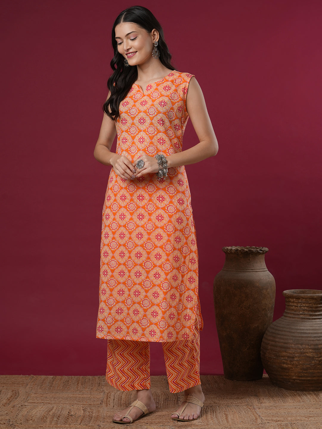 Ethnic Stripes Printed Straight Fit Co-ord Set - Orange