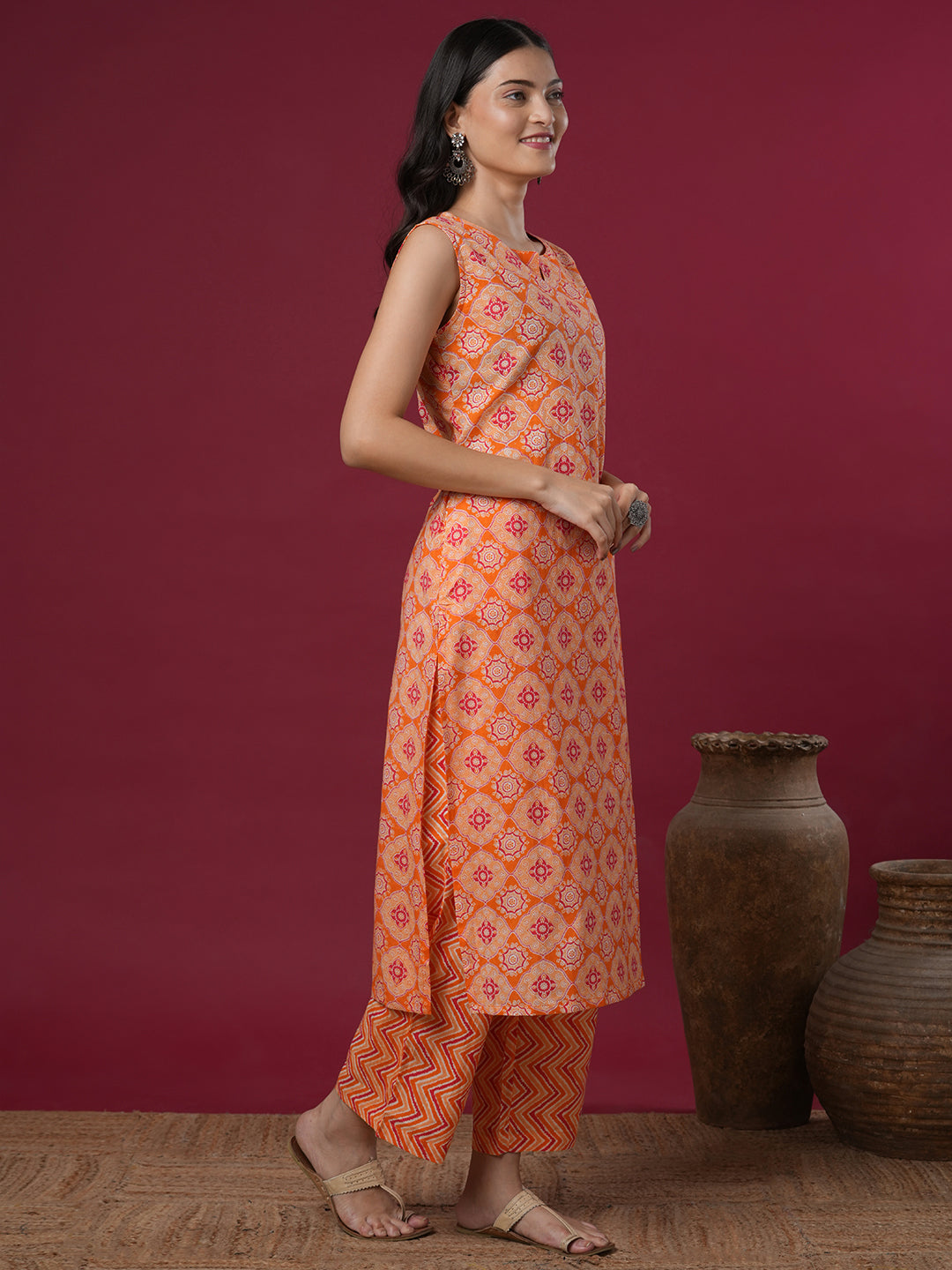 Ethnic Stripes Printed Straight Fit Co-ord Set - Orange