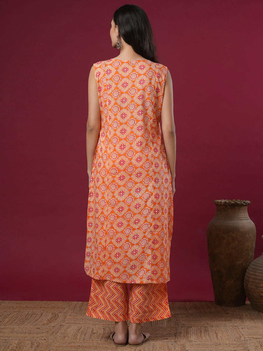 Ethnic Stripes Printed Straight Fit Co-ord Set - Orange