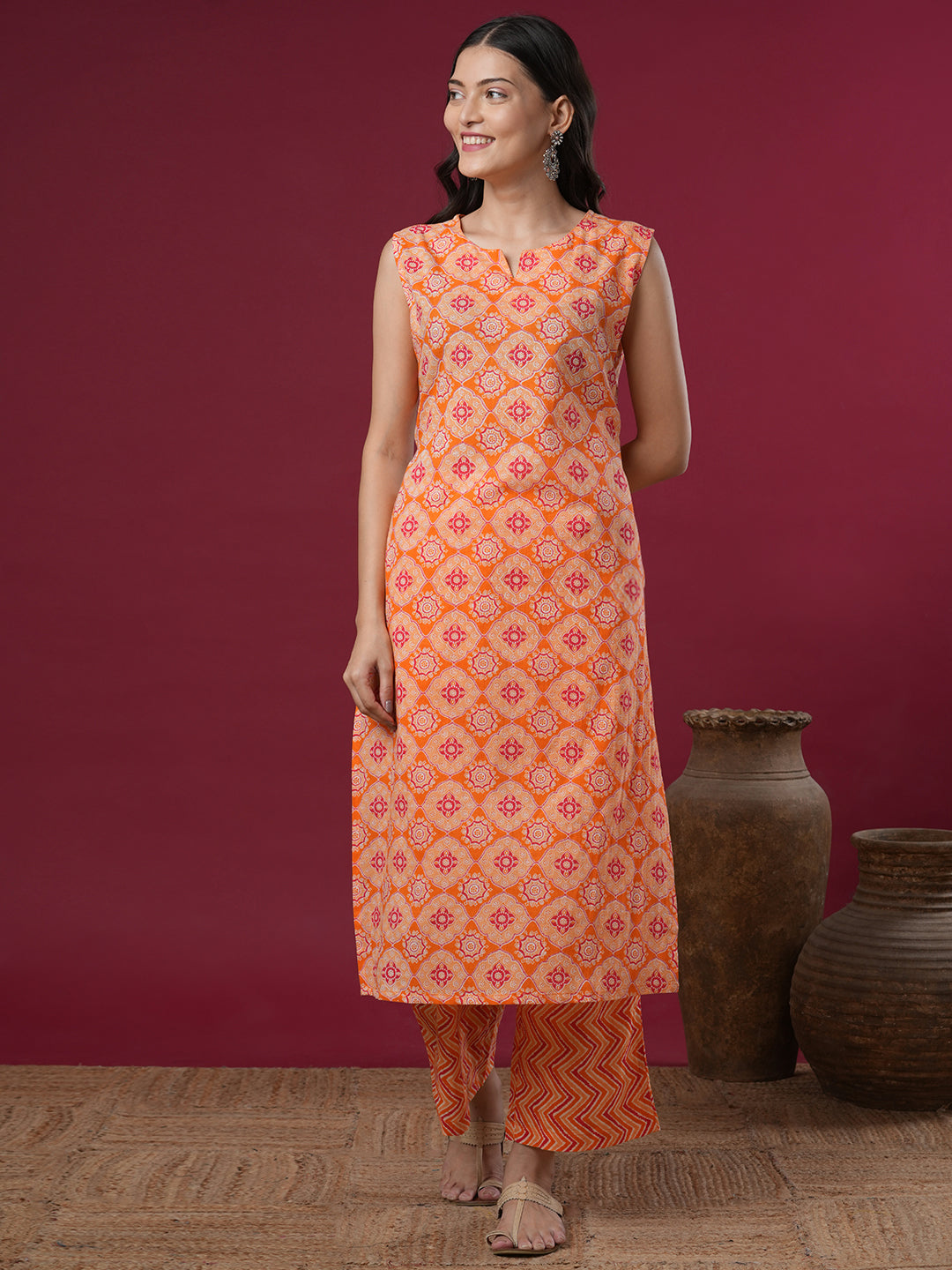 Ethnic Stripes Printed Straight Fit Co-ord Set - Orange