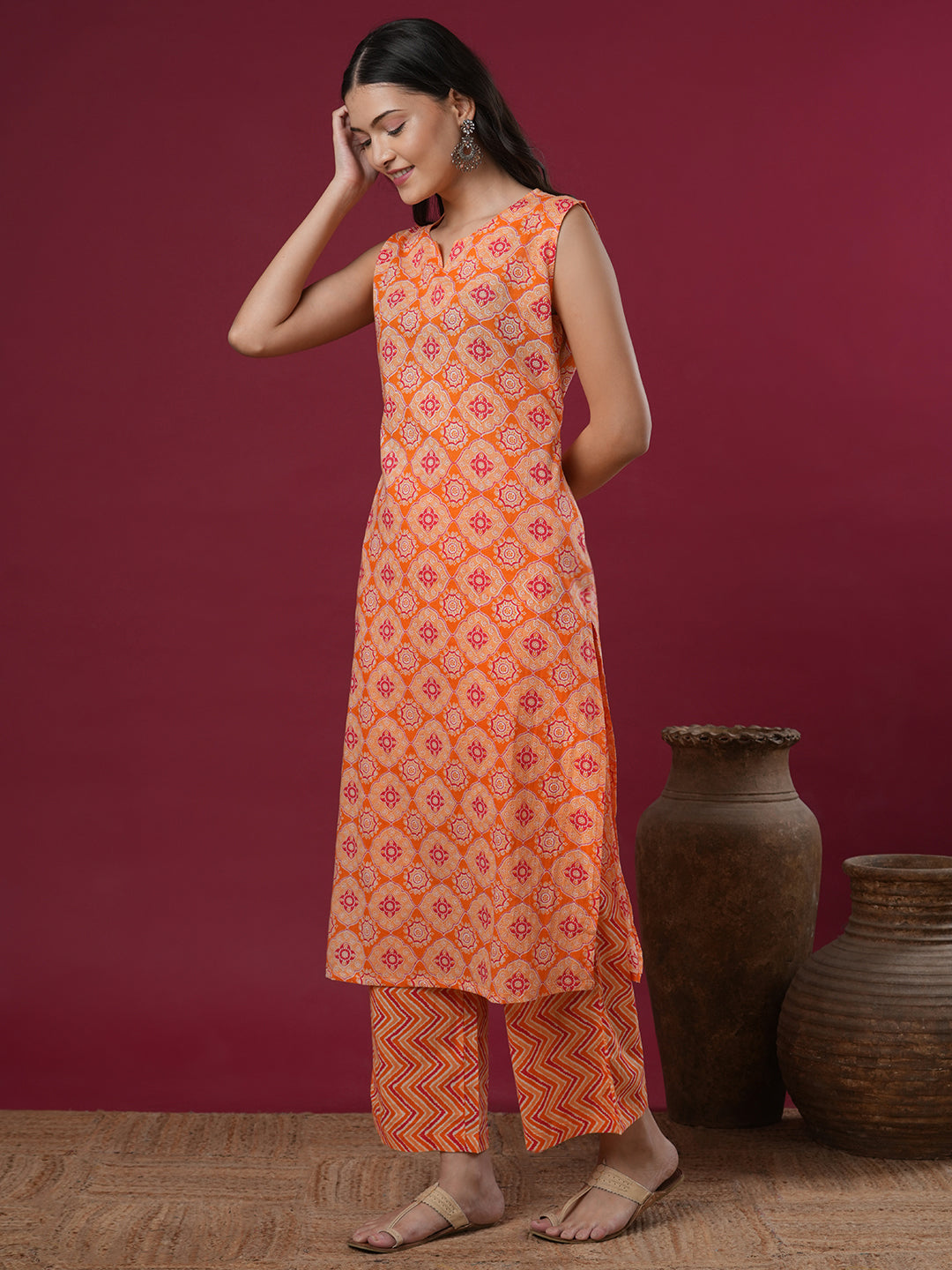 Ethnic Stripes Printed Straight Fit Co-ord Set - Orange