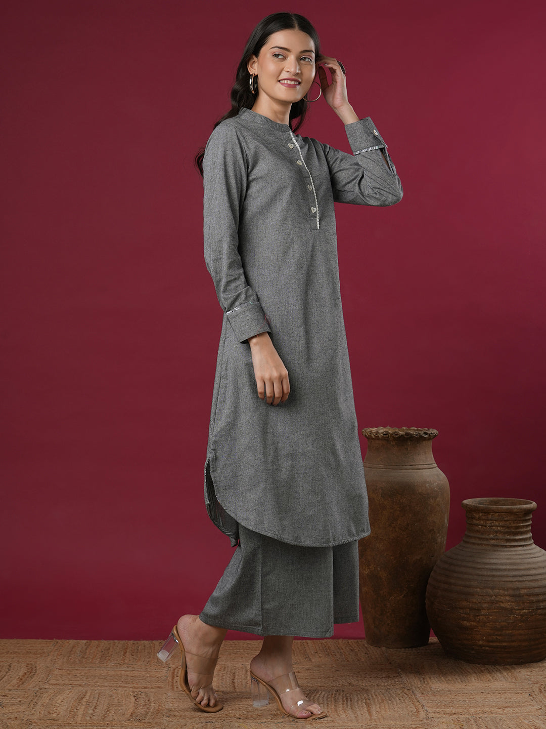 Solid A-Line Pleated Flared Co-ord Set - Grey