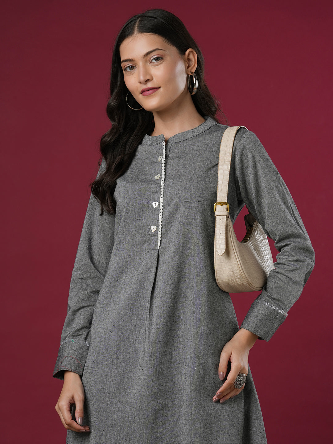 Solid A-Line Pleated Flared Co-ord Set - Grey