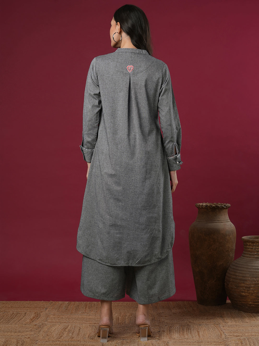 Solid A-Line Pleated Flared Co-ord Set - Grey