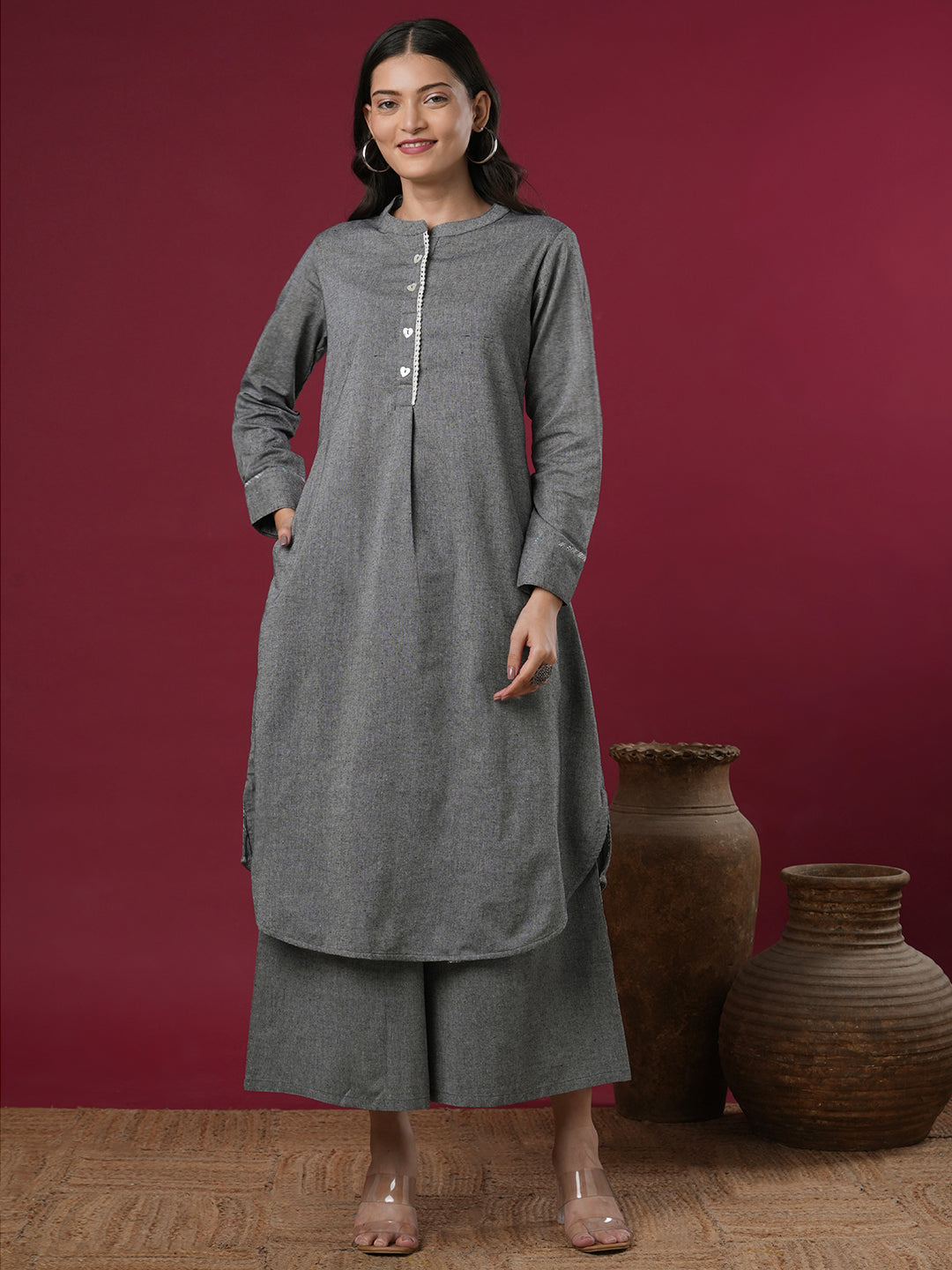 Solid A-Line Pleated Flared Co-ord Set - Grey