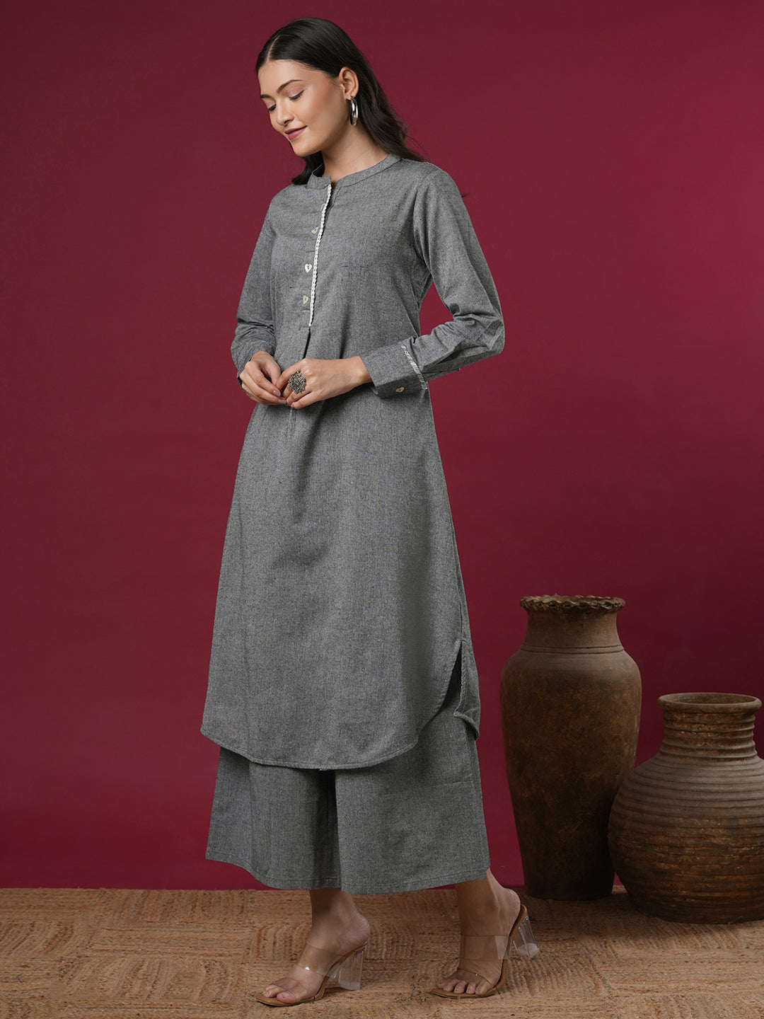 Solid A-Line Pleated Flared Co-ord Set - Grey