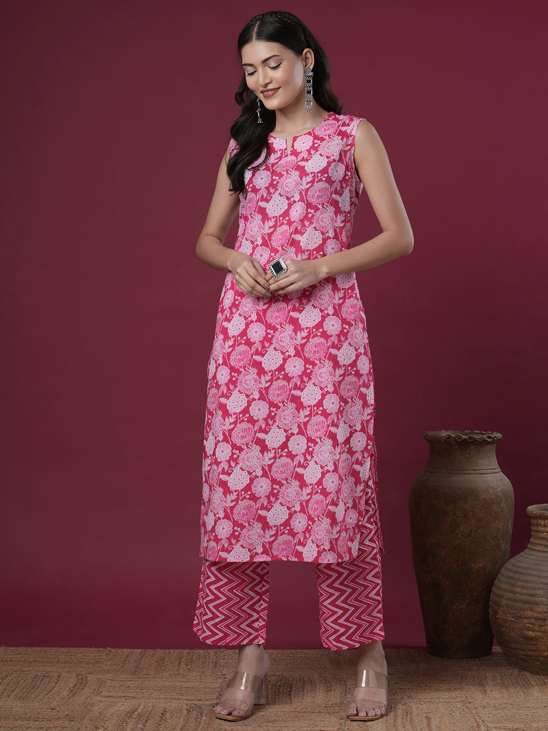 Ethnic Stripes Printed Straight Fit Co-ord Set - Pink