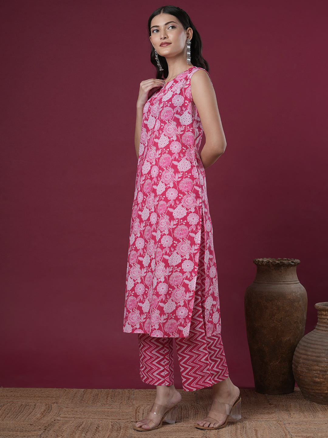 Ethnic Stripes Printed Straight Fit Co-ord Set - Pink