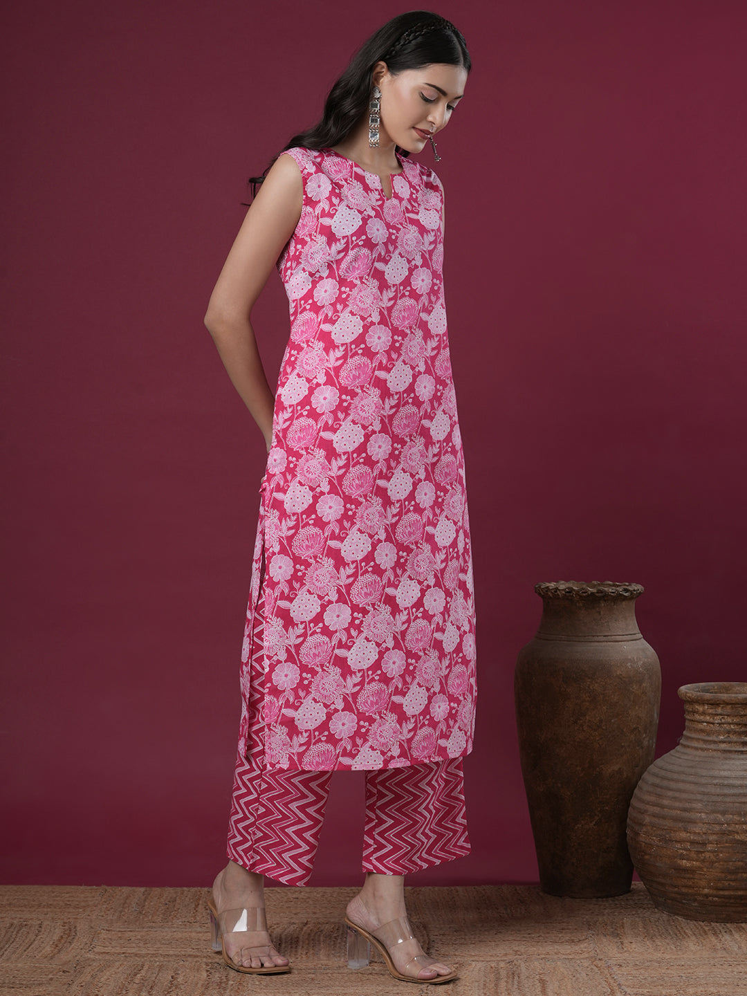 Ethnic Stripes Printed Straight Fit Co-ord Set - Pink