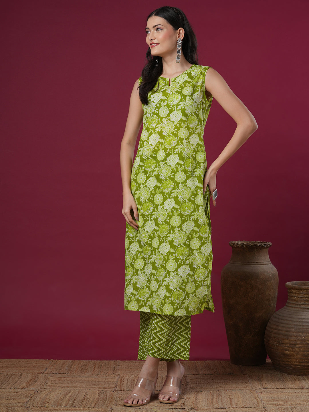 Ethnic Floral Printed Straight Kurta with Palazzo - Green