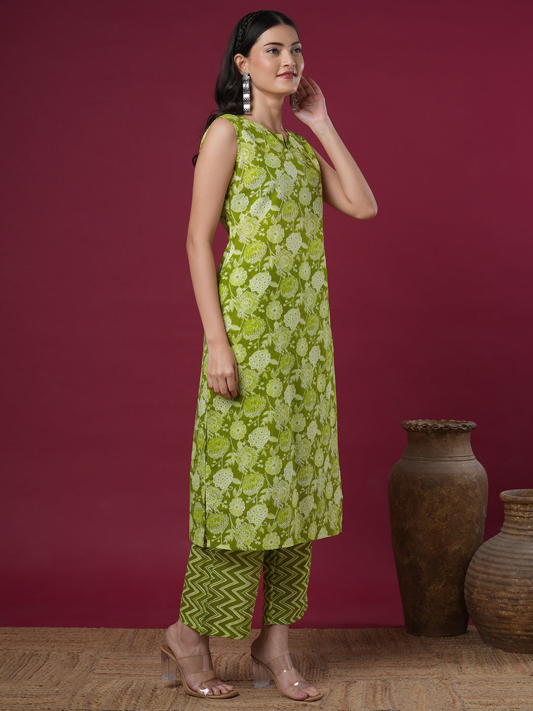 Ethnic Floral Printed Straight Kurta with Palazzo - Green
