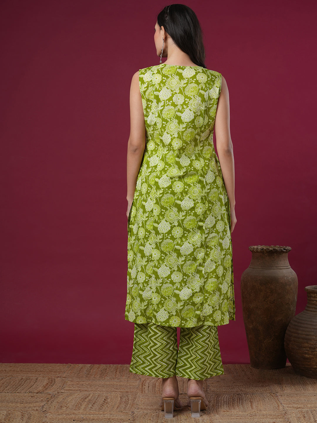 Ethnic Floral Printed Straight Kurta with Palazzo - Green