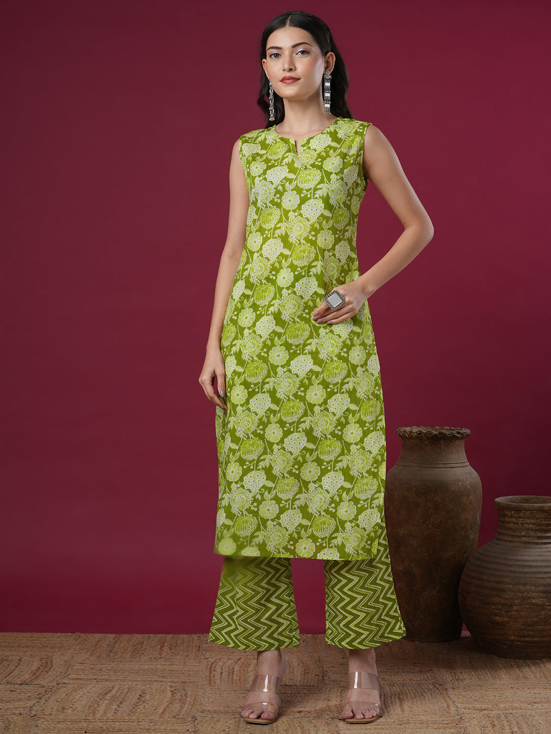 Ethnic Floral Printed Straight Kurta with Palazzo - Green