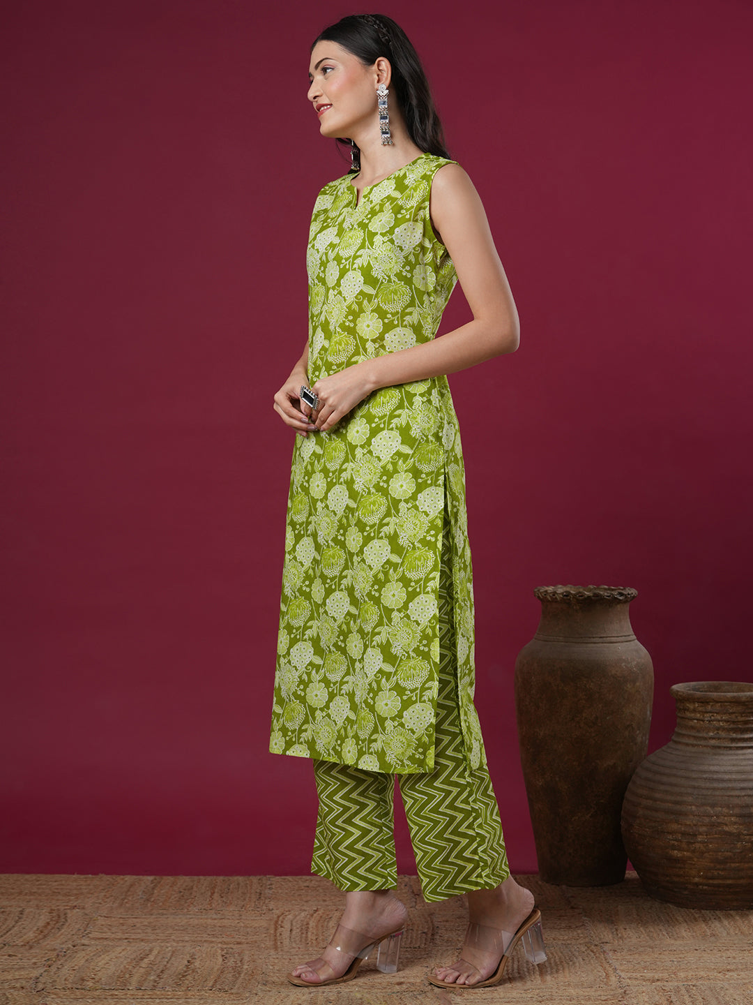 Ethnic Floral Printed Straight Kurta with Palazzo - Green