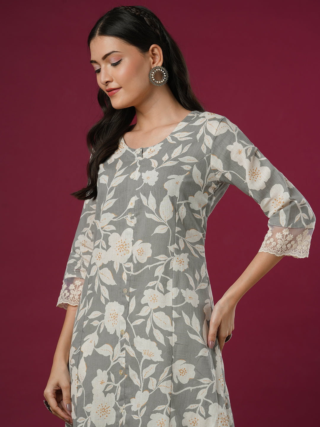 Abstract Floral Printed A-Line Paneled Kurta - Grey
