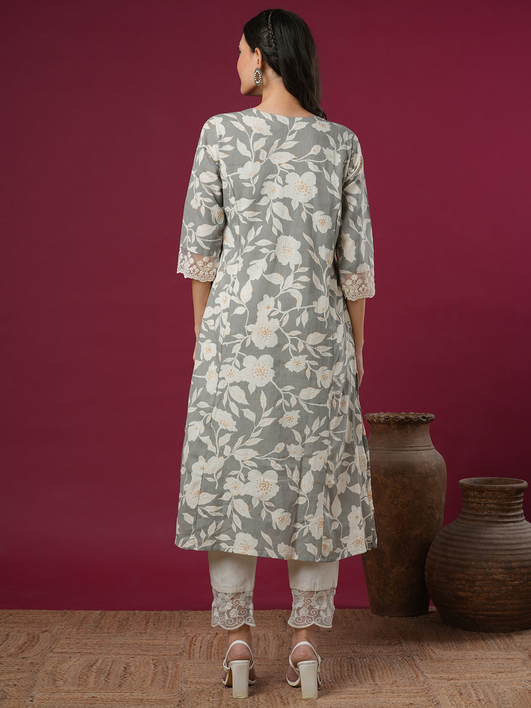 Abstract Floral Printed A-Line Paneled Kurta - Grey