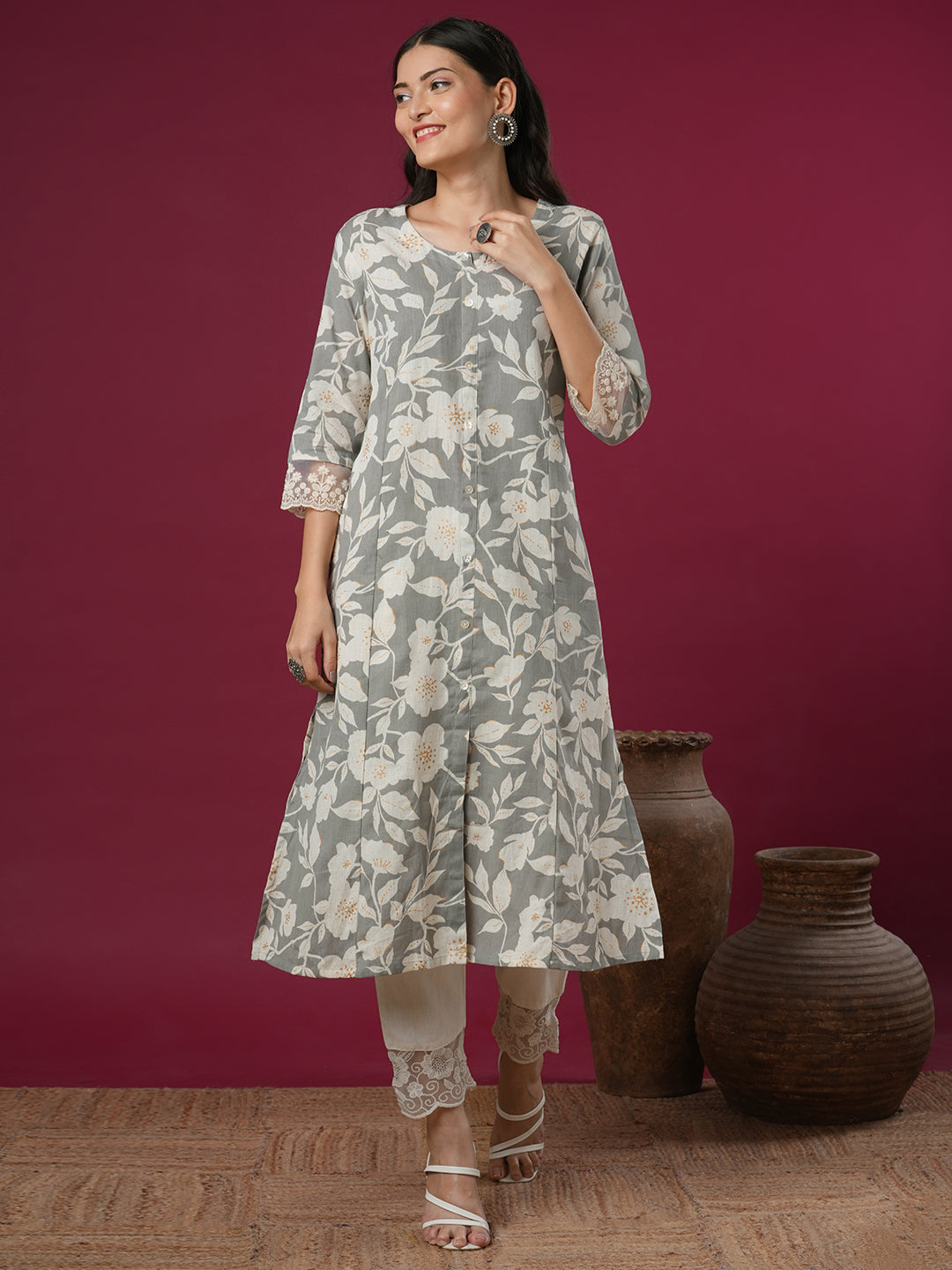 Abstract Floral Printed A-Line Paneled Kurta - Grey
