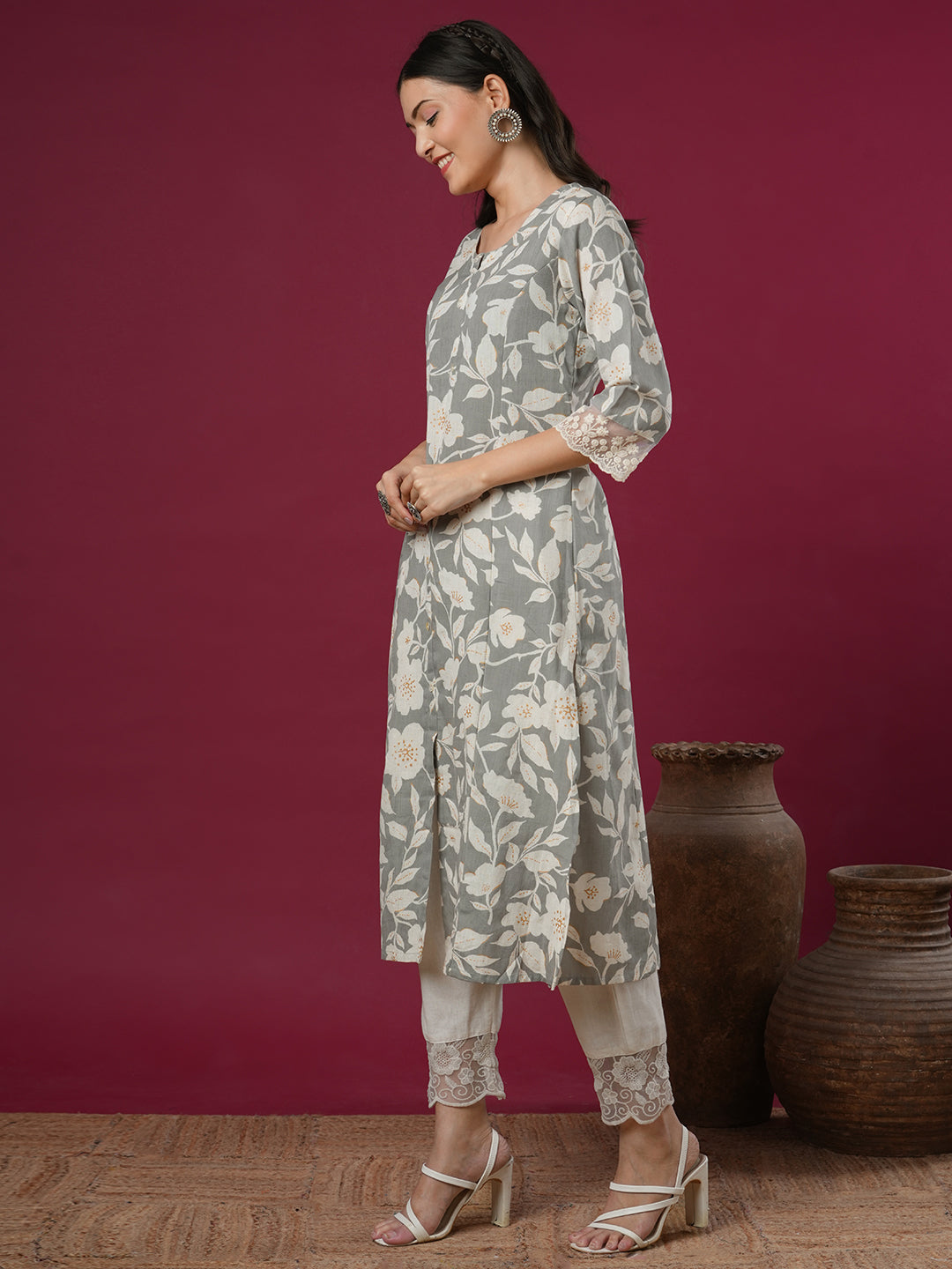 Abstract Floral Printed A-Line Paneled Kurta - Grey