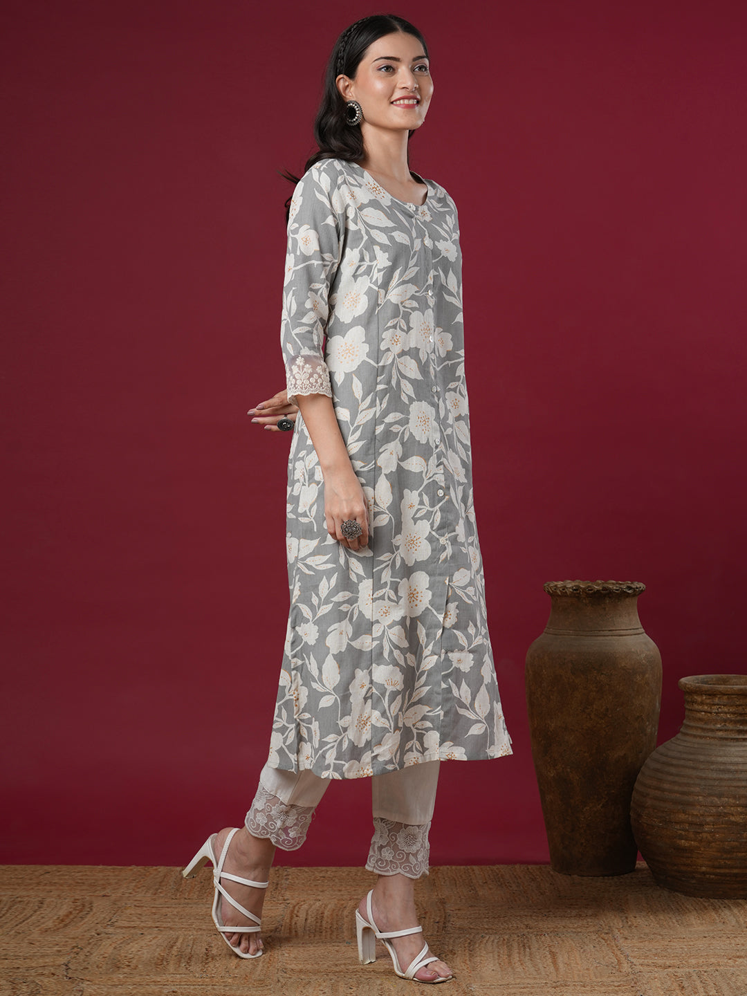 Abstract Floral Printed A-Line Paneled Kurta - Grey