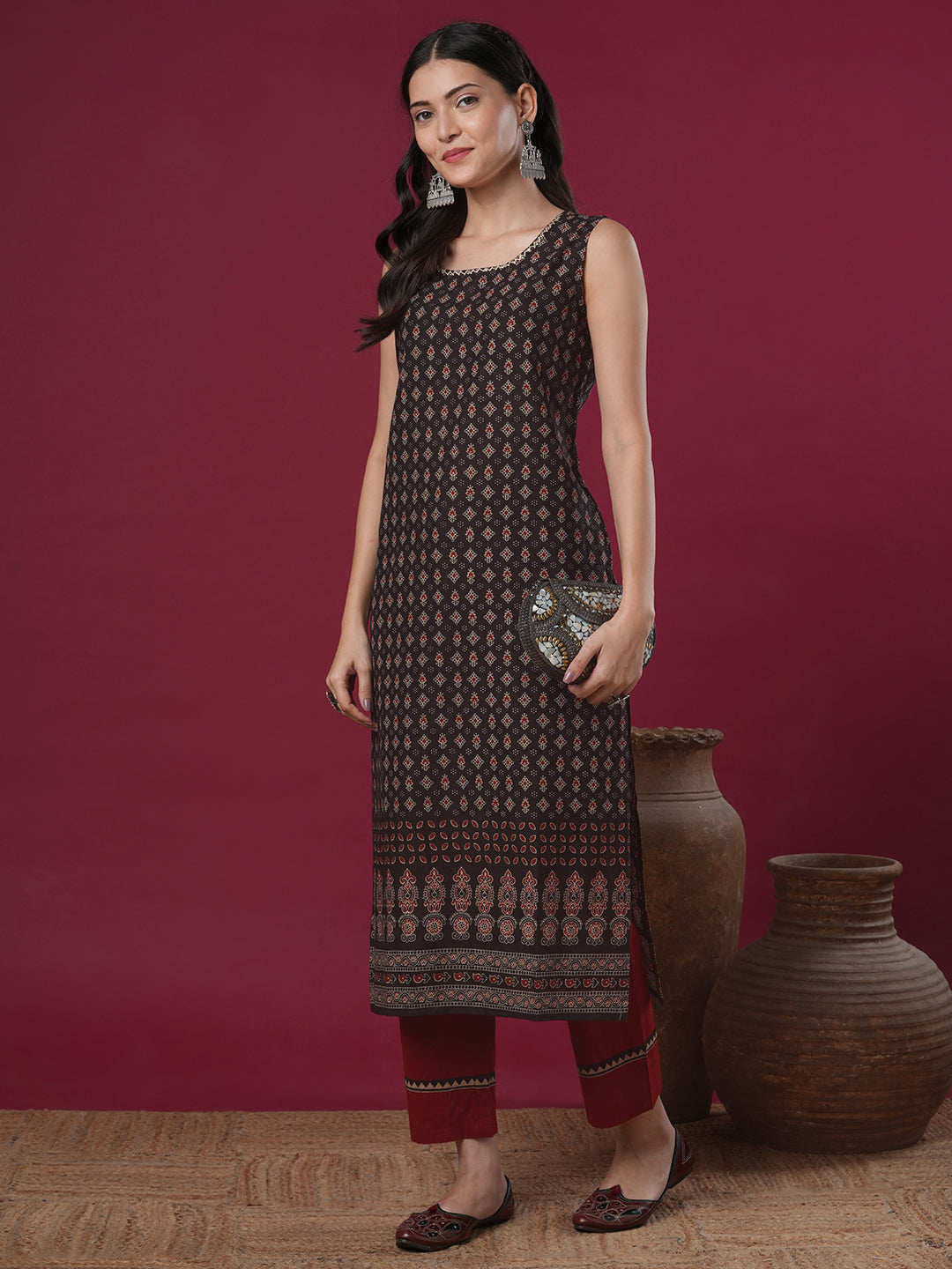 Ethnic Printed Straight Fit Kurta - Brown