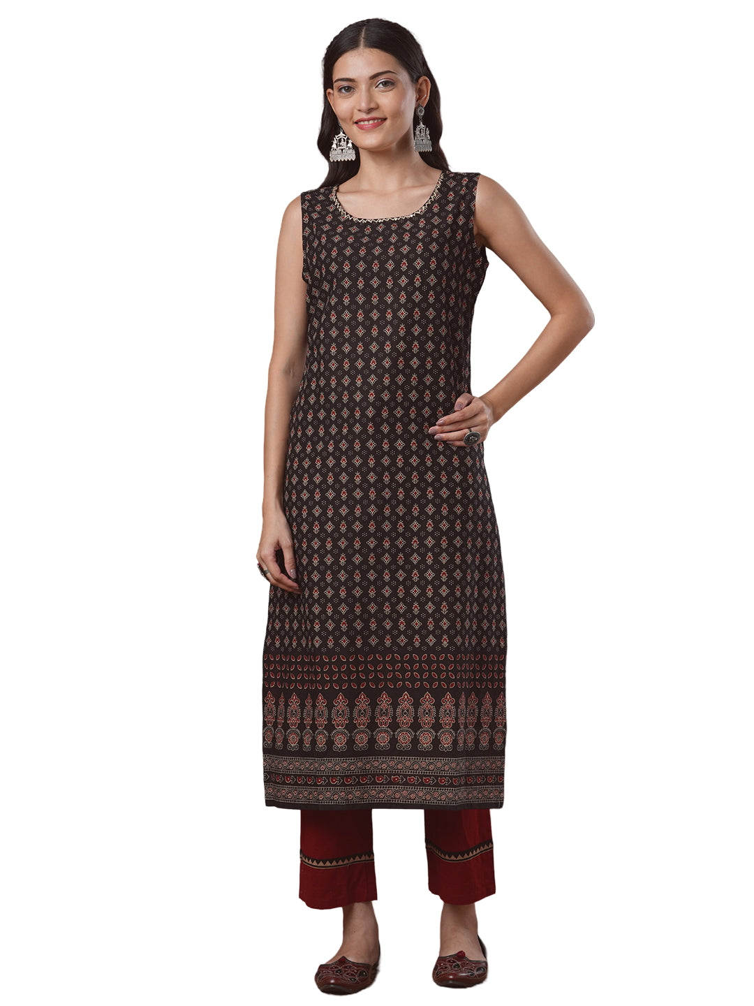 Ethnic Printed Straight Fit Kurta - Brown