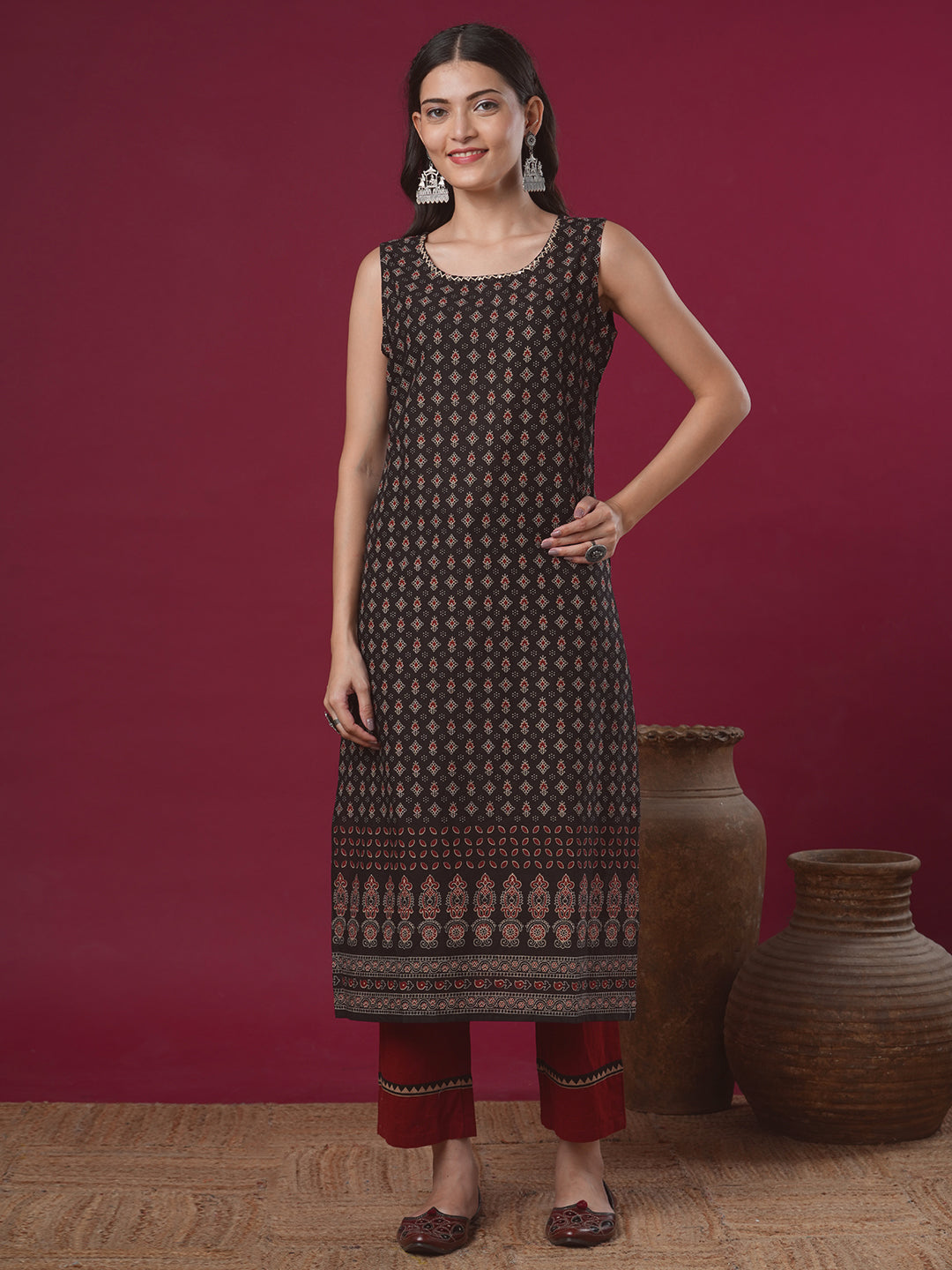 Ethnic Printed Straight Fit Kurta - Brown