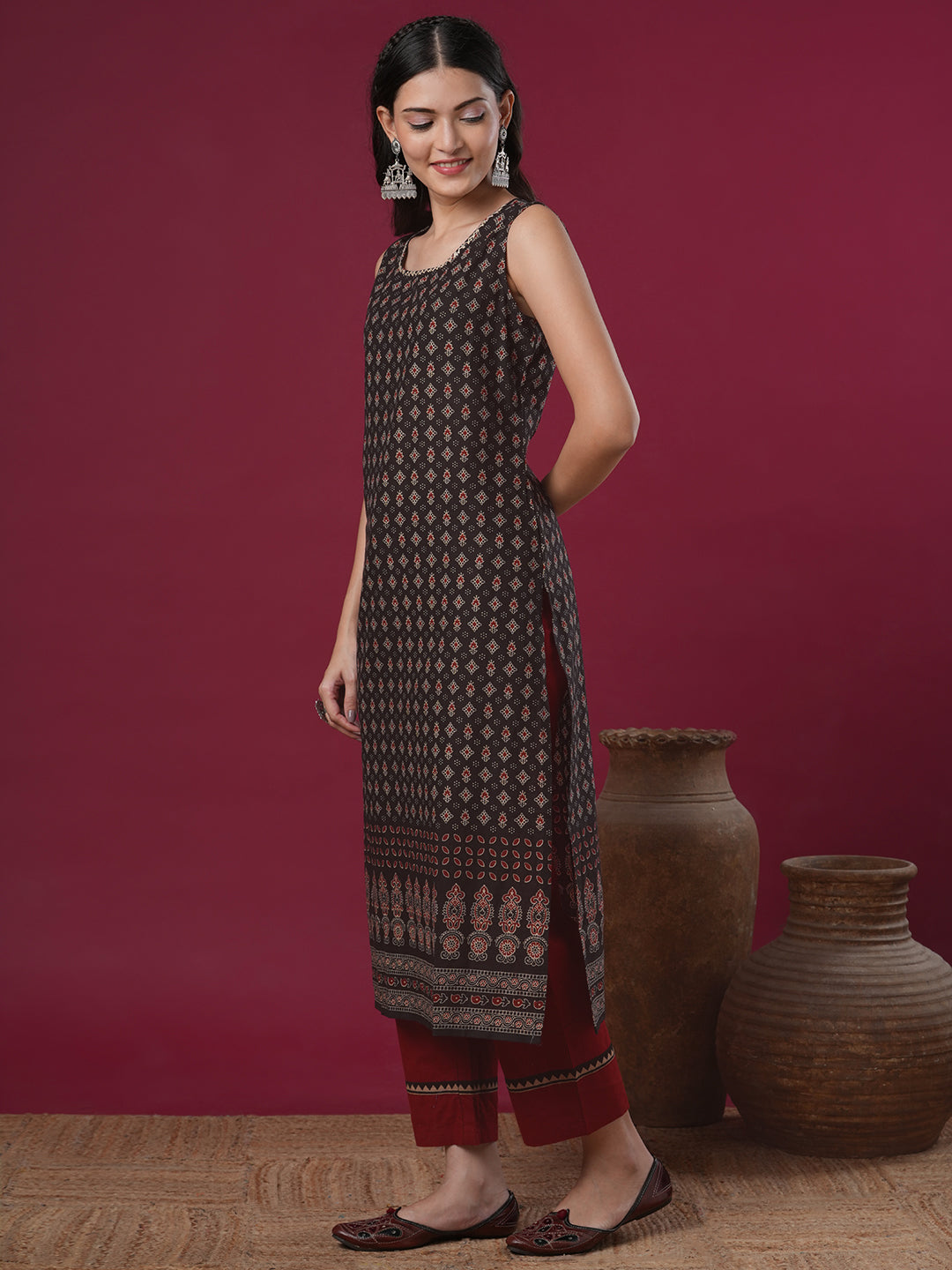 Ethnic Printed Straight Fit Kurta - Brown