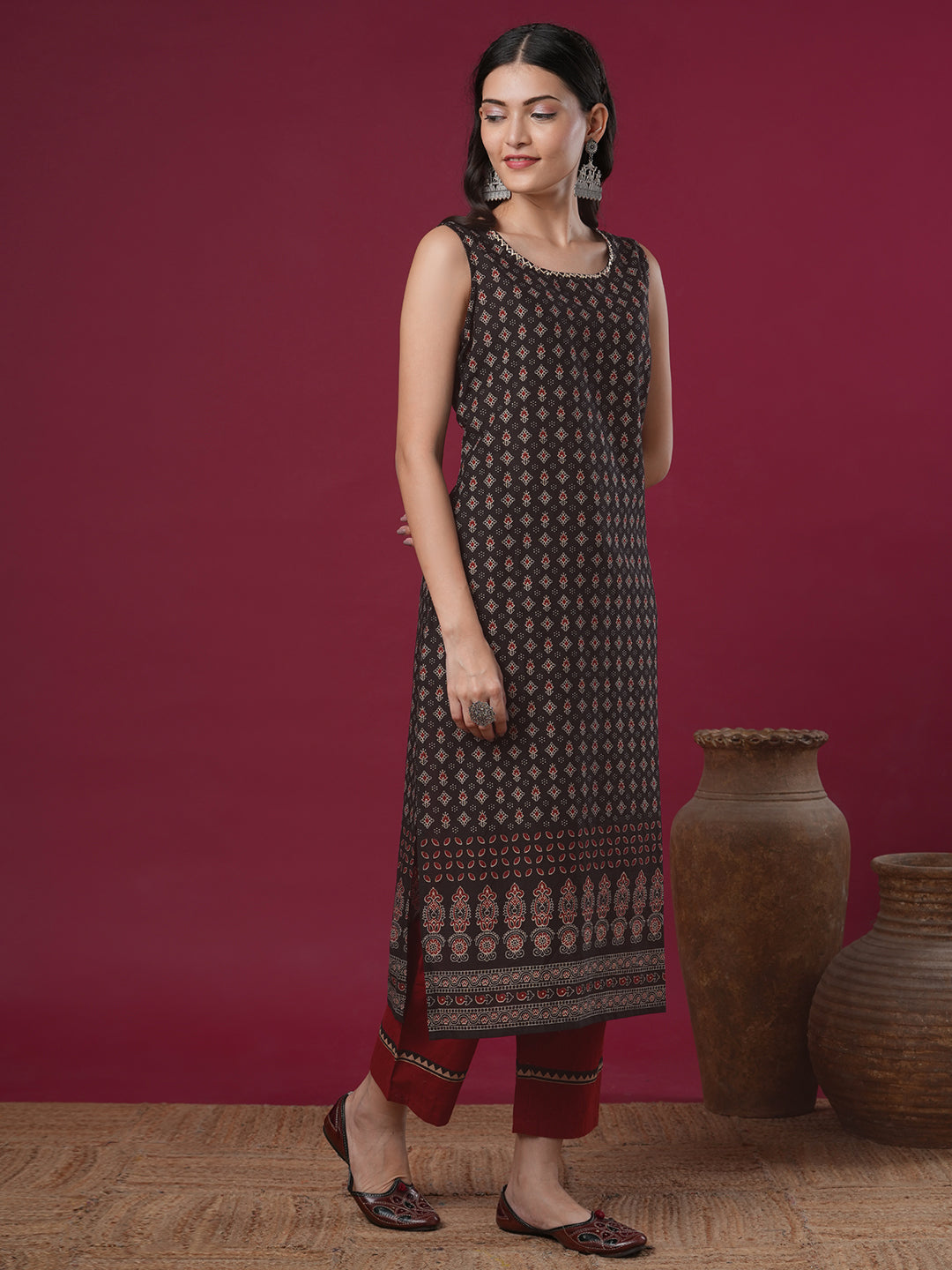 Ethnic Printed Straight Fit Kurta - Brown