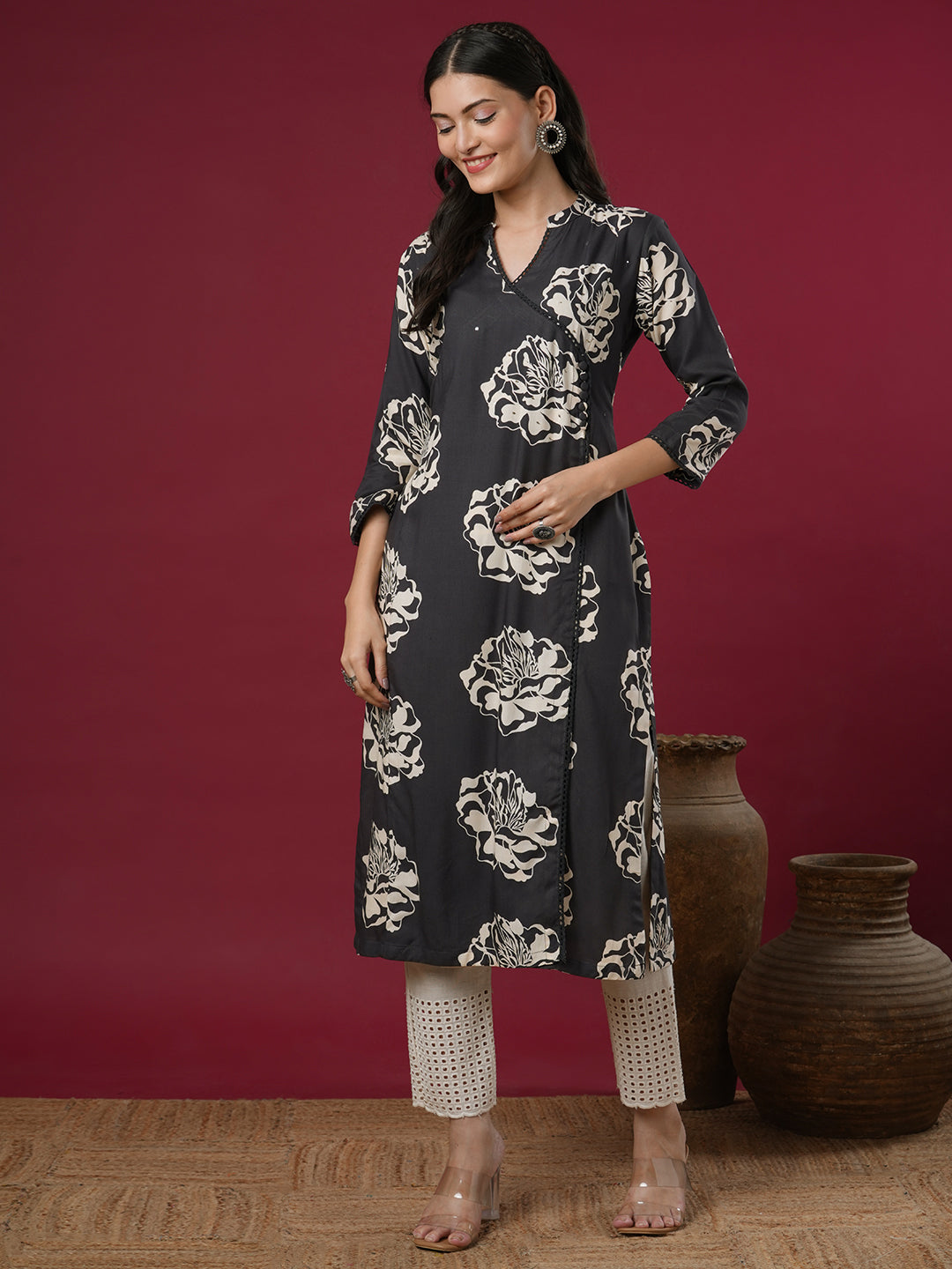 Ethnic Floral Printed & Embroidered Straight Fit Kurta - Grey