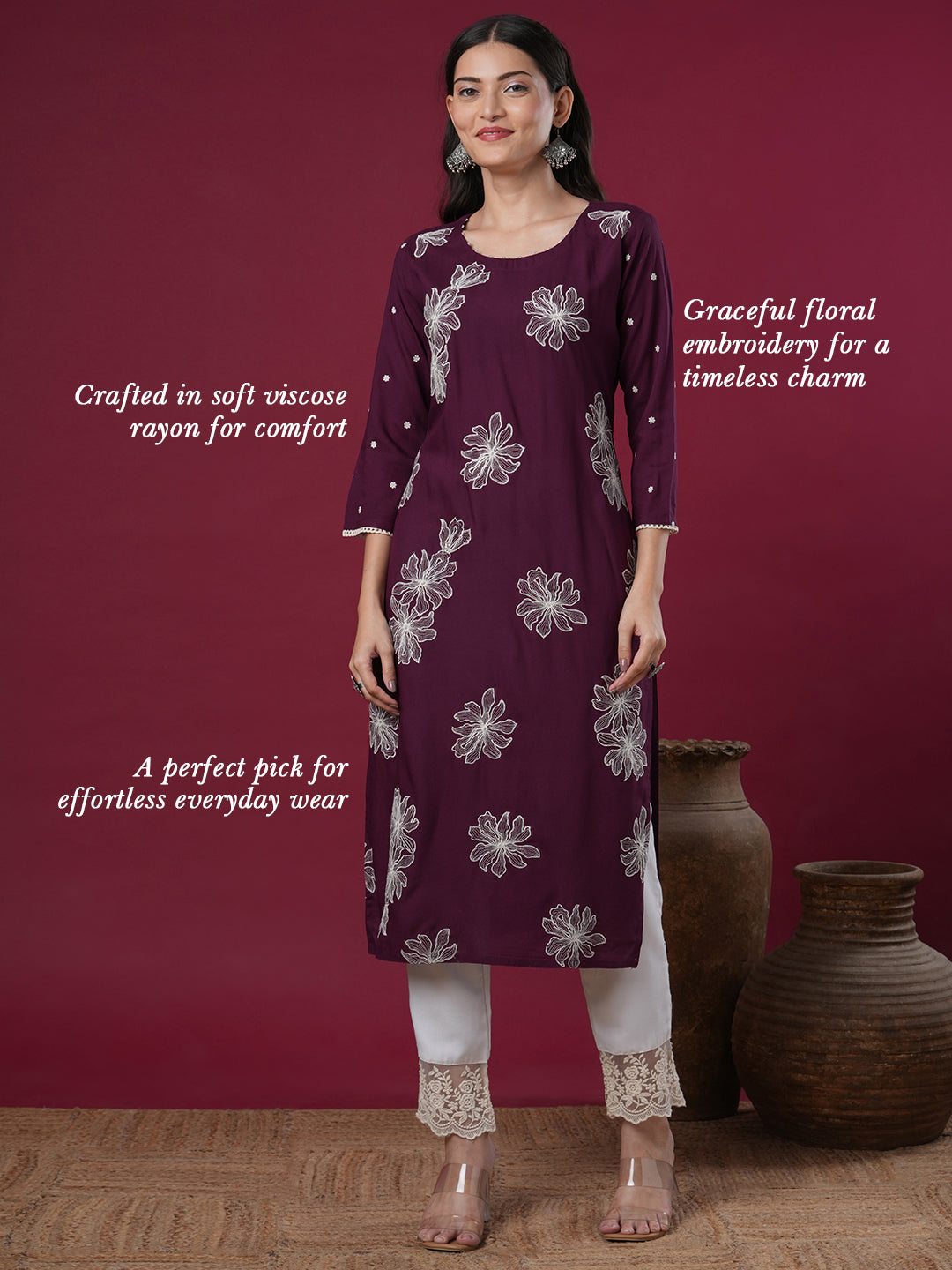 Solid Abstract Floral Embroidered Straight Fit Kurta - Burgundy